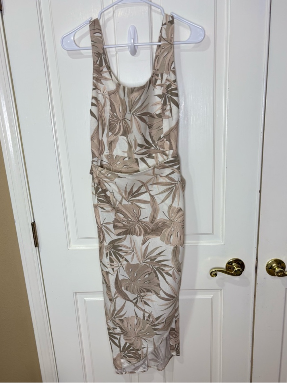 Dress Forum Linen Blend Tropical Wrap Midi Dress Size S Neutral Palm Print - Picture 2 of 6